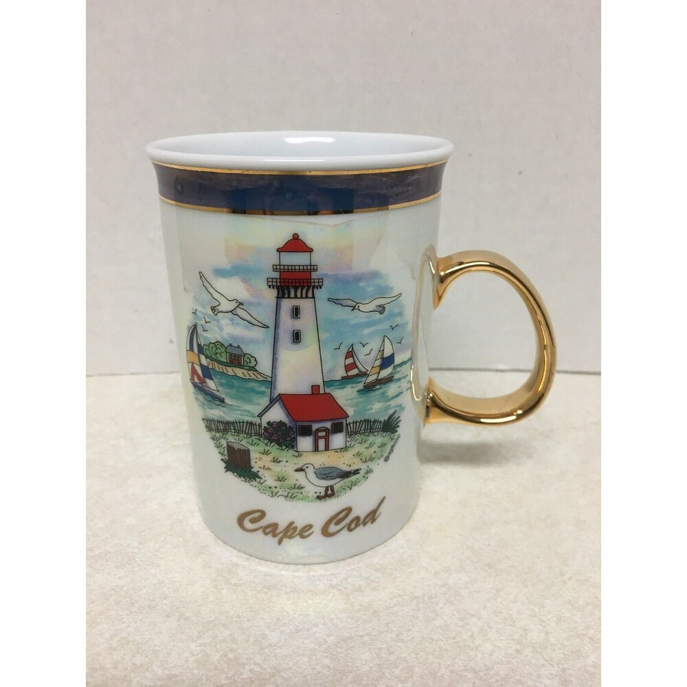 Vintage Cape Cod Souvenir Mug Cup Sailboats Seagull Lighthouse 4"H Gold Handle